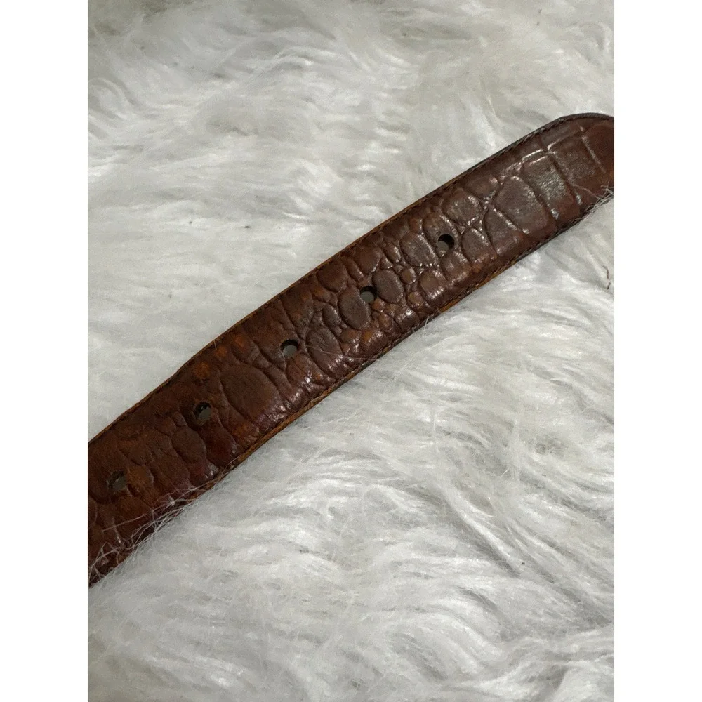 Greg Norman Brown Croc Embossed Leather Belt Silver Shark Logo Buckle Mens 37-40